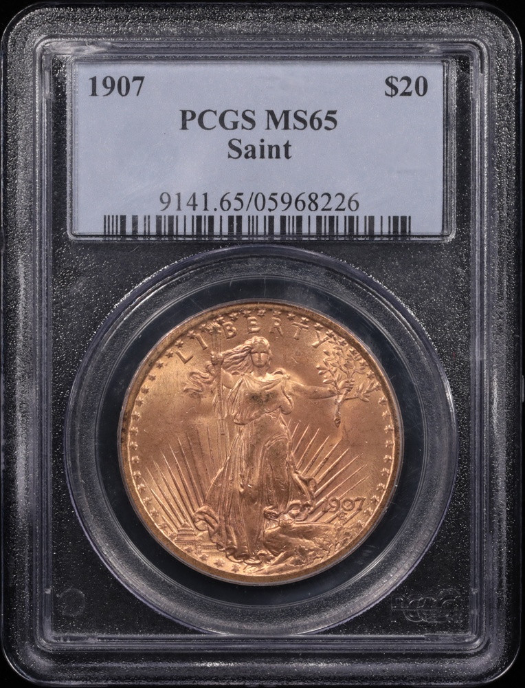 1907 $20 Saint-Gaudens Gold PCGS MS-65 Obverse in Holder 1907 $20 Saint-Gaudens Gold PCGS MS-65 Obverse in Holder