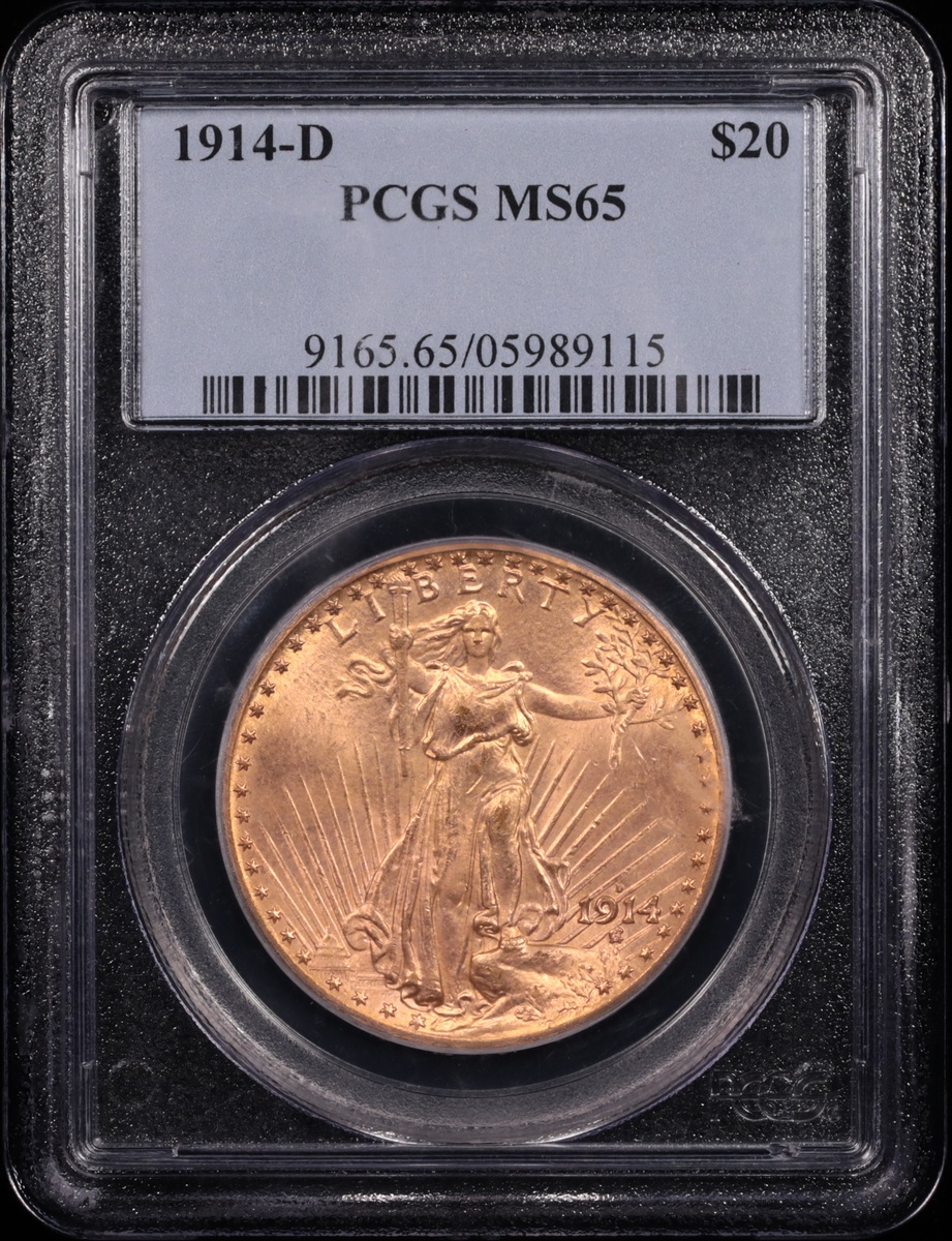 1914-D $20 Saint-Gaudens Gold PCGS MS-65 Obverse in Holder