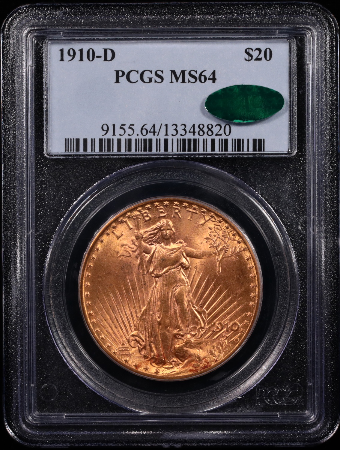 1910-D $20 Saint-Gaudens Gold PCGS MS-64 CAC Obverse in Holder 1910-D $20 Saint-Gaudens Gold PCGS MS-64 CAC Obverse in Holder