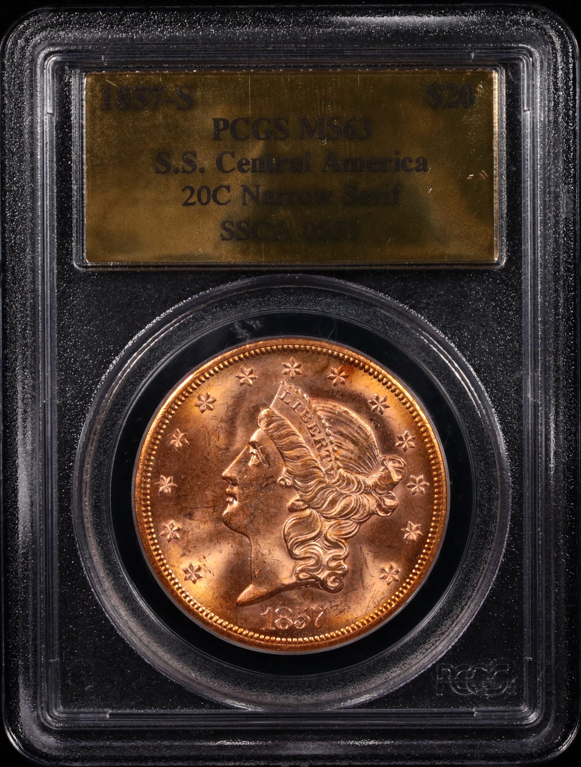 1857-S $20 Liberty Gold SS Central America PCGS MS-63 Obverse in Holder 1857-S $20 Liberty Gold SS Central America PCGS MS-63 Obverse in Holder