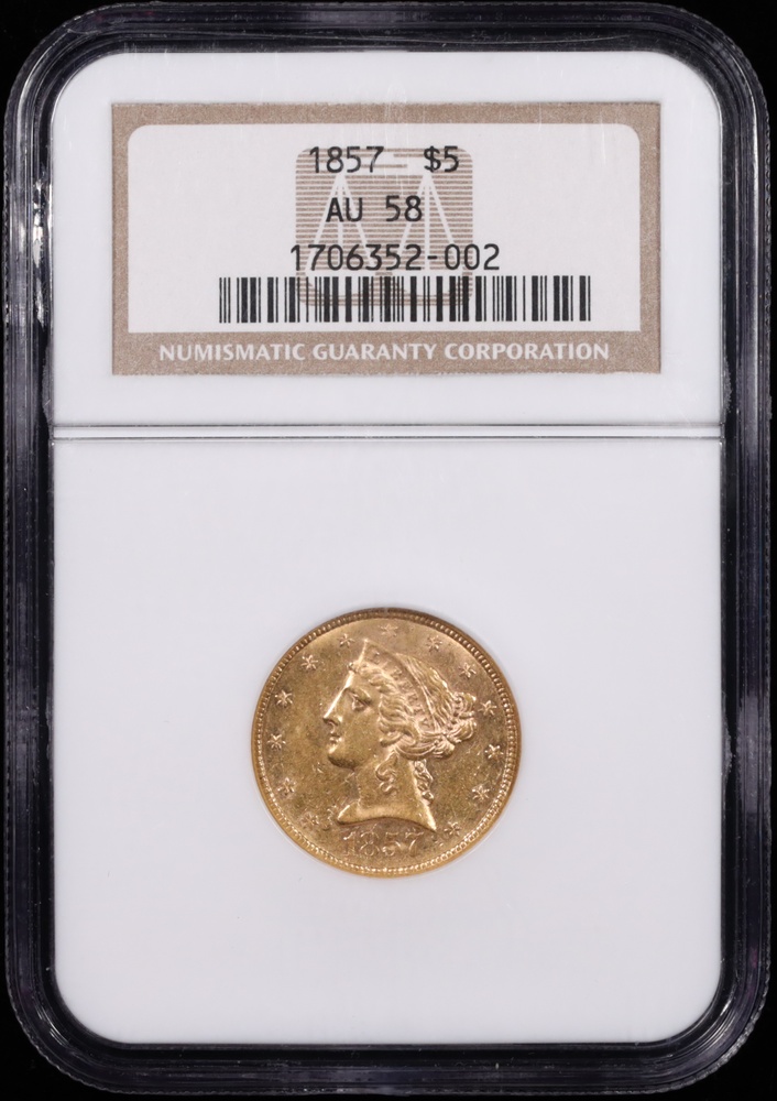 1857 $5 Liberty Gold NGC AU-58 Obverse in Holder 1857 $5 Liberty Gold NGC AU-58 Obverse in Holder