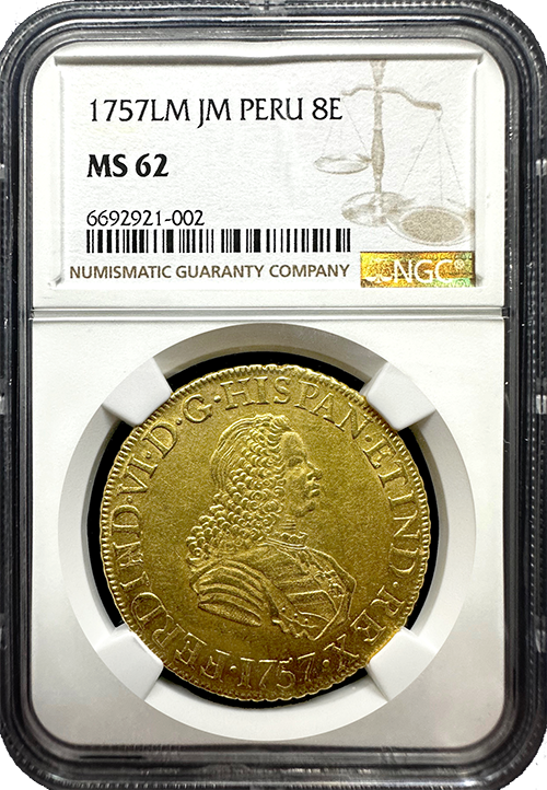 1757 Peru | 8 Escudo | NGC | MS-62 | In Holder 1757 Peru | 8 Escudo | NGC | MS-62 | In Holder