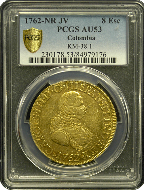 1762 Colombia 8 Escudo PCGS AU-53