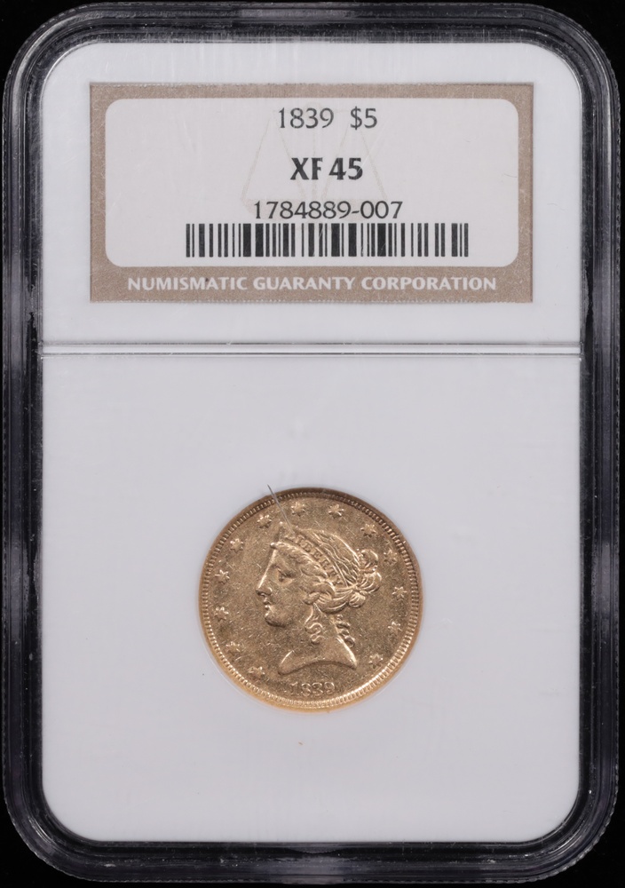 1839 $5 Liberty Gold NGC XF-45 Obverse in Holder 1839 $5 Liberty Gold NGC XF-45 Obverse in Holder