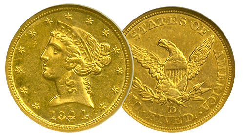 1844-D | $5 Liberty Gold | AU-58 | Both Sides 1844-D | $5 Liberty Gold | AU-58 | Both Sides