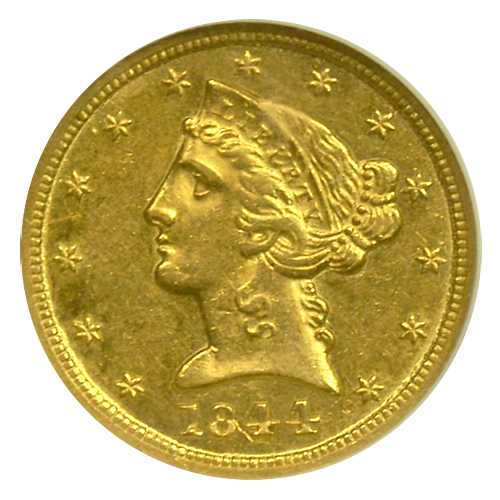 1844-D | $5 Liberty Gold | AU-58 | Obverse 1844-D | $5 Liberty Gold | AU-58 | Obverse