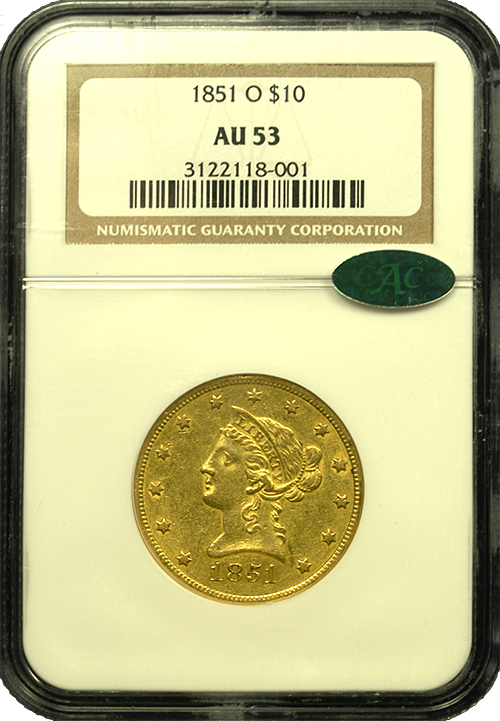 1851 O $10 Gold Liberty AU - In Holder 1851 O $10 Gold Liberty AU - In Holder