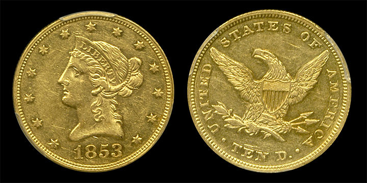 1853 | $10 | Liberty Coins | SS Central America |AU55 | Both Sides 1853 | $10 | Liberty Coins | SS Central America |AU55 | Both Sides