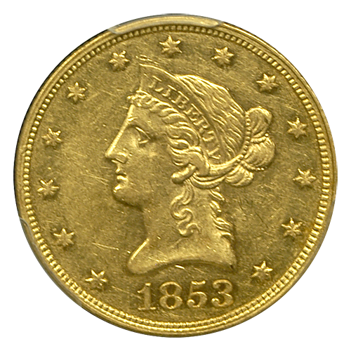 1853 | $10 | Liberty Coins | SS Central America |AU55 | Obverse 1853 | $10 | Liberty Coins | SS Central America |AU55 | Obverse