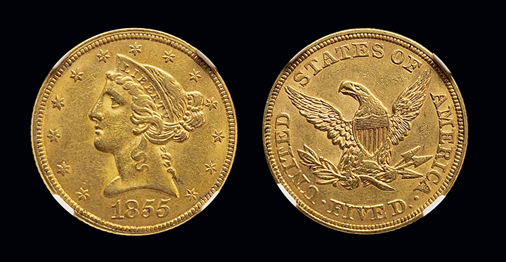 1855 | Liberty $5 | NGC AU-58 | Both Sides 1855 | Liberty $5 | NGC AU-58 | Both Sides