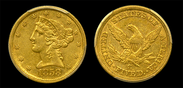 1858-C | $5 Liberty Gold Eagle | PCGS | AU 53 | Both Sides 1858-C | $5 Liberty Gold Eagle | PCGS | AU 53 | Both Sides