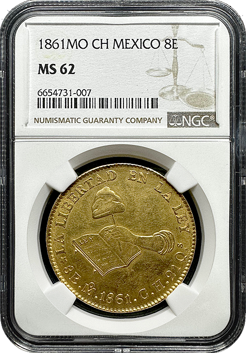 1861 Mexico 8 Escudo Hand on Hand on Book MS-62