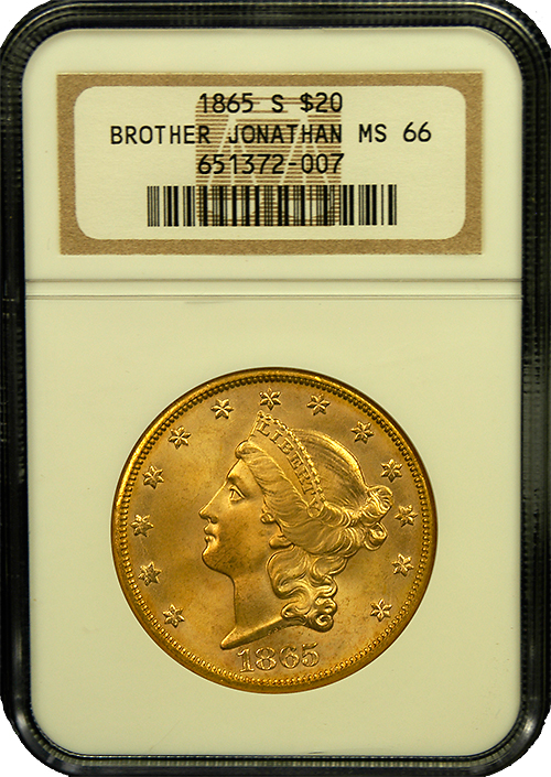 1865-S $20 Liberty Gold NGC MS-66 Brother Jonathan Shipwreck Obverse in Holder 1865-S $20 Liberty Gold NGC MS-66 Brother Jonathan Shipwreck Obverse in Holder
