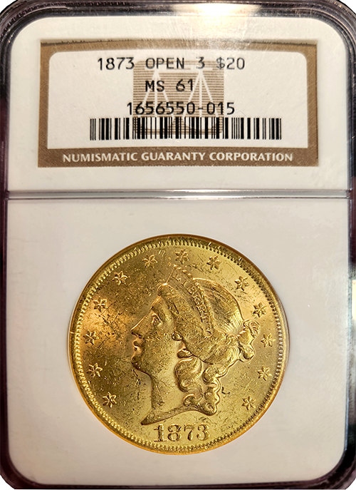 1873 | $20 Liberty Head | Open 3 | MS-61 | In Holder 1873 | $20 Liberty Head | Open 3 | MS-61 | In Holder