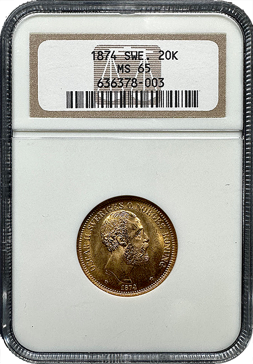 1874 Sweden 20 Kronor NGC MS-65