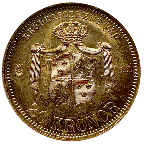 1874 Sweden 20 Kronor NGC MS-65