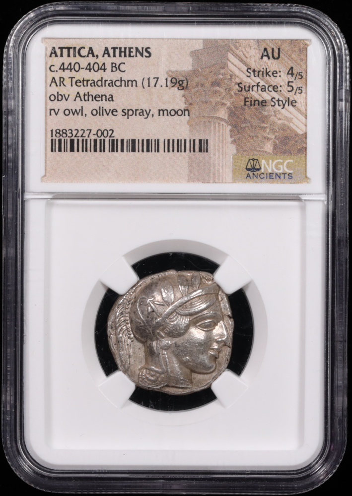 Attica Athens Silver Owl Tetradrachm Fine Style AU 4x5 Obverse in Holder Attica Athens Silver Owl Tetradrachm Fine Style AU 4x5 Obverse in Holder