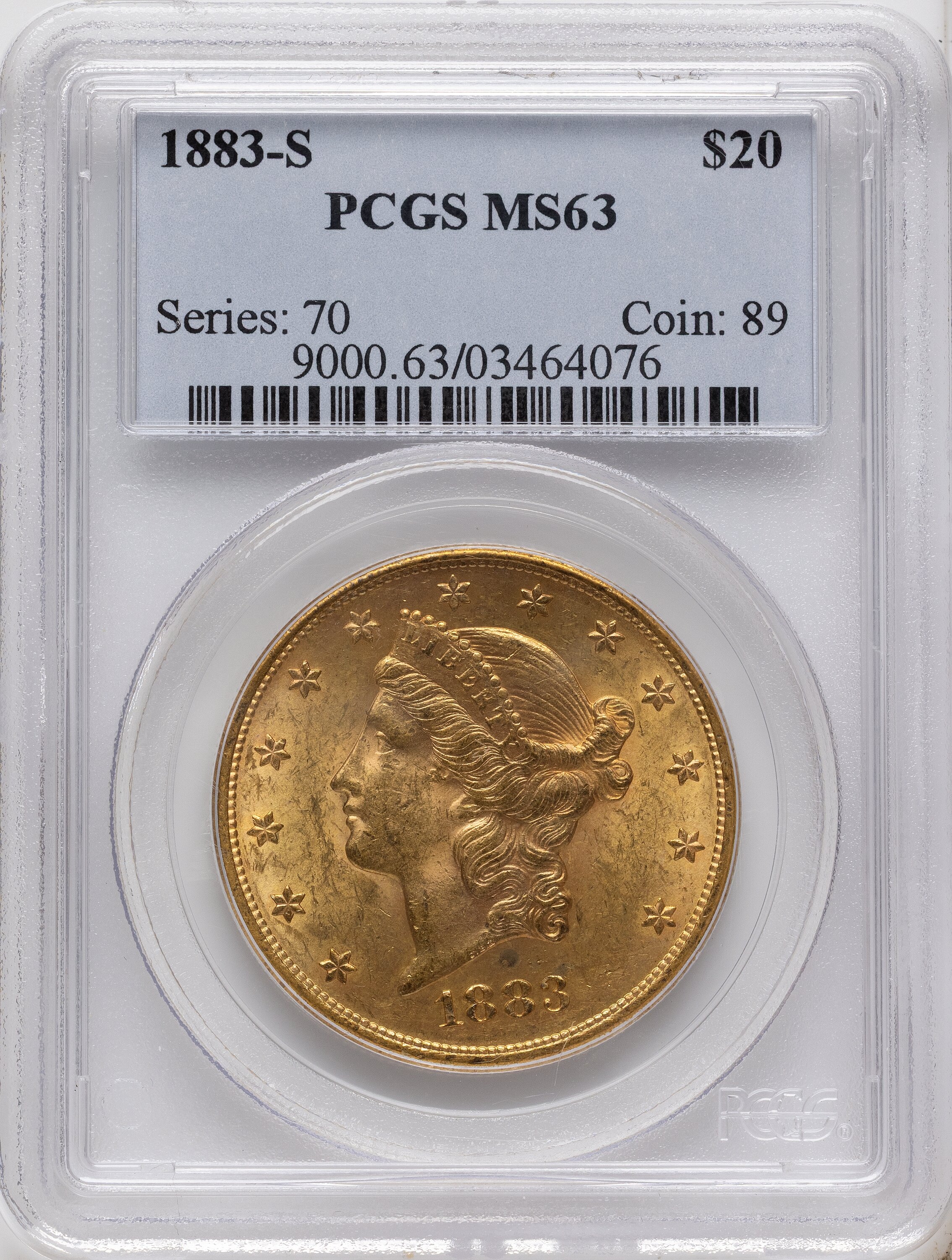 1883-S $20 Liberty Gold PCGS MS-63 Obverse in Holder 1883-S $20 Liberty Gold PCGS MS-63 Obverse in Holder