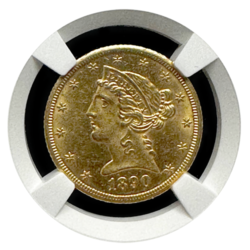 1890-CC $5 Liberty Gold Head | NGC | MS62 | Obverse 1890-CC $5 Liberty Gold Head | NGC | MS62 | Obverse