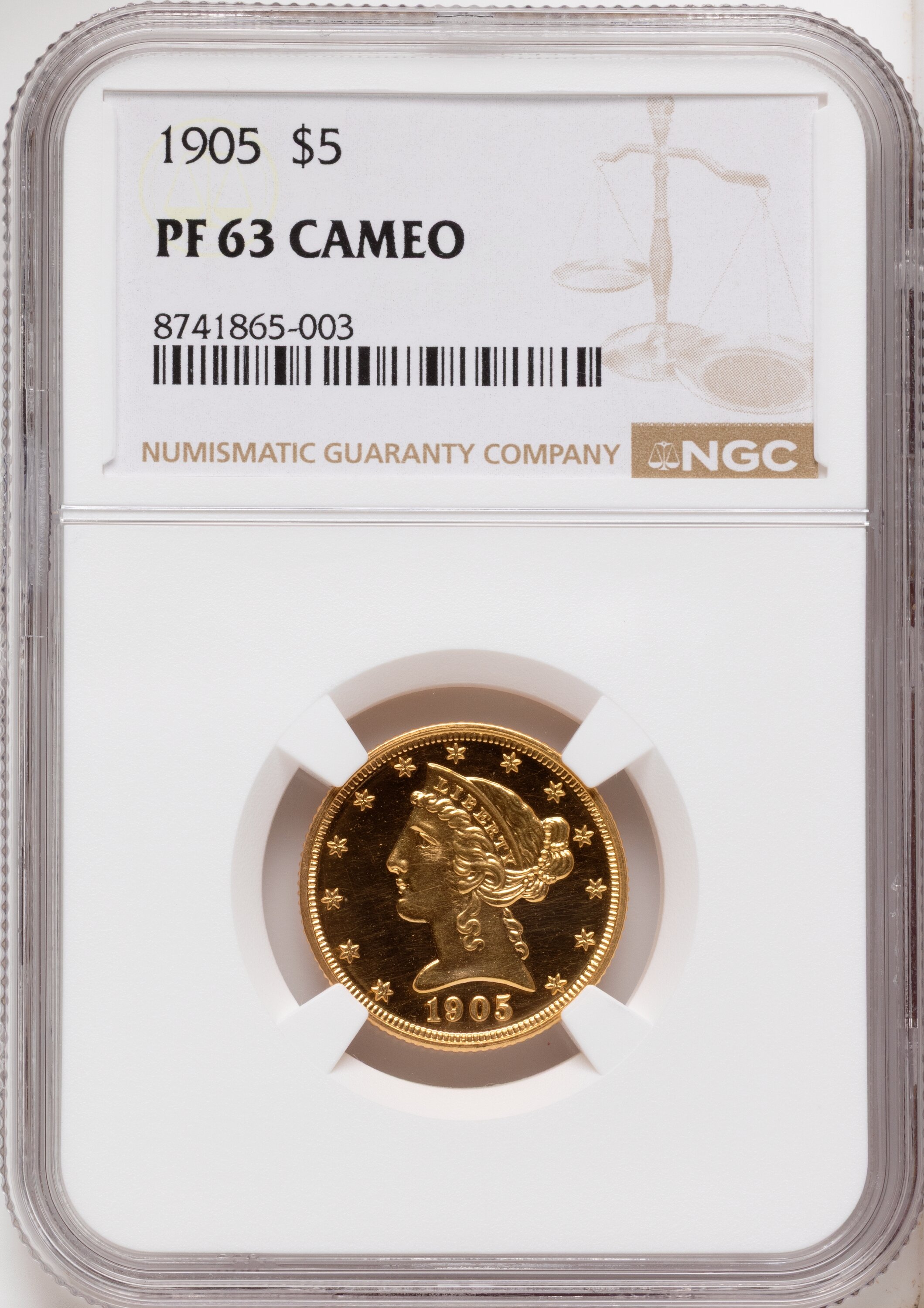 1905 $5 Liberty Gold NGC PF-63 Cameo Obverse in Holder 1905 $5 Liberty Gold NGC PF-63 Cameo Obverse in Holder