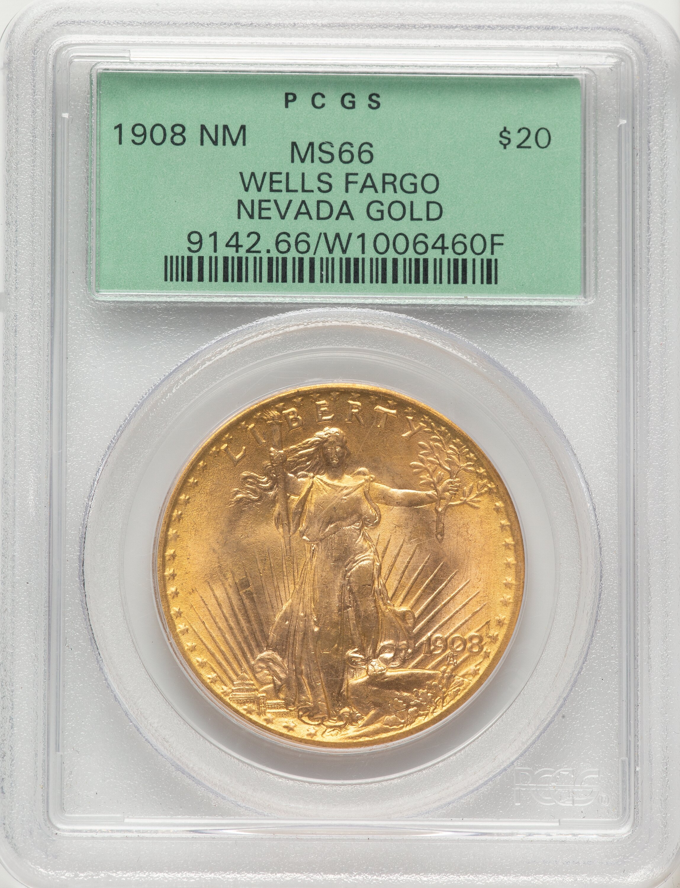 1908 $20 Saint-Gaudens Gold No Motto Wells Fargo Nevada Gold PCGS MS-66 Obverse in Holder 1908 $20 Saint-Gaudens Gold No Motto Wells Fargo Nevada Gold PCGS MS-66 Obverse in Holder