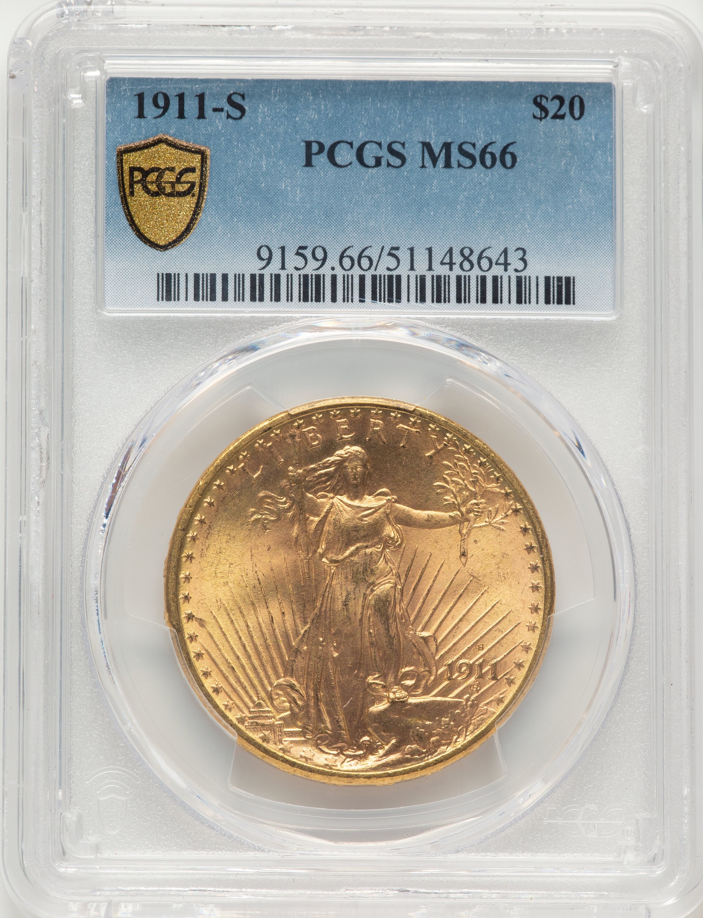 1911-S $20 Saint-Gaudens Gold PCGS MS-66 Obverse in Holder 1911-S $20 Saint-Gaudens Gold PCGS MS-66 Obverse in Holder