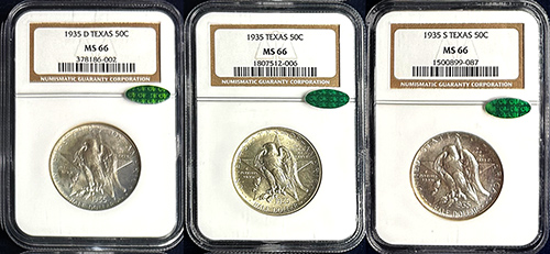 1935 3 Coin Set Texas Commemorative Half Dollars NGC MS-66