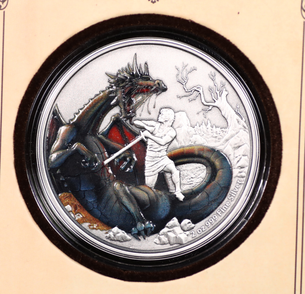 2020 2-oz Niue Silver “Fáfnir The Norse Dragon” Antiqued Coin (Fantasy Book Presentation) 2020 2-oz Niue Silver “Fáfnir The Norse Dragon” Antiqued Coin (Fantasy Book Presentation)