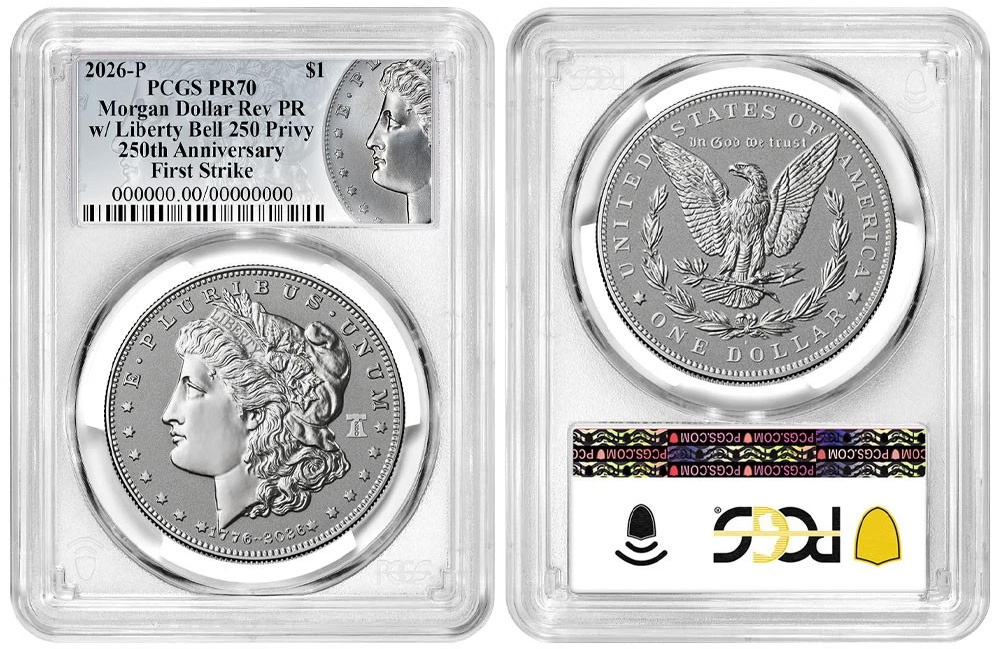 2026-P Morgan Silver Dollar Reverse Proof Liberty Bell 250th Anniversary PCGS PR-70 First Strike Obverse in Holder 2026-P Morgan Silver Dollar Reverse Proof Liberty Bell 250th Anniversary PCGS PR-70 First Strike Obverse in Holder