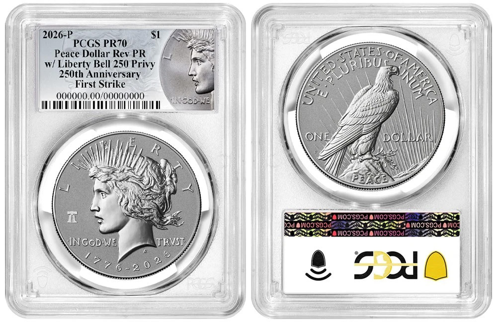 2026-P Peace Silver Dollar Reverse Proof Liberty Bell 250th Anniversary PCGS PR-70 First Strike Obverse in Holder 2026-P Peace Silver Dollar Reverse Proof Liberty Bell 250th Anniversary PCGS PR-70 First Strike Obverse in Holder