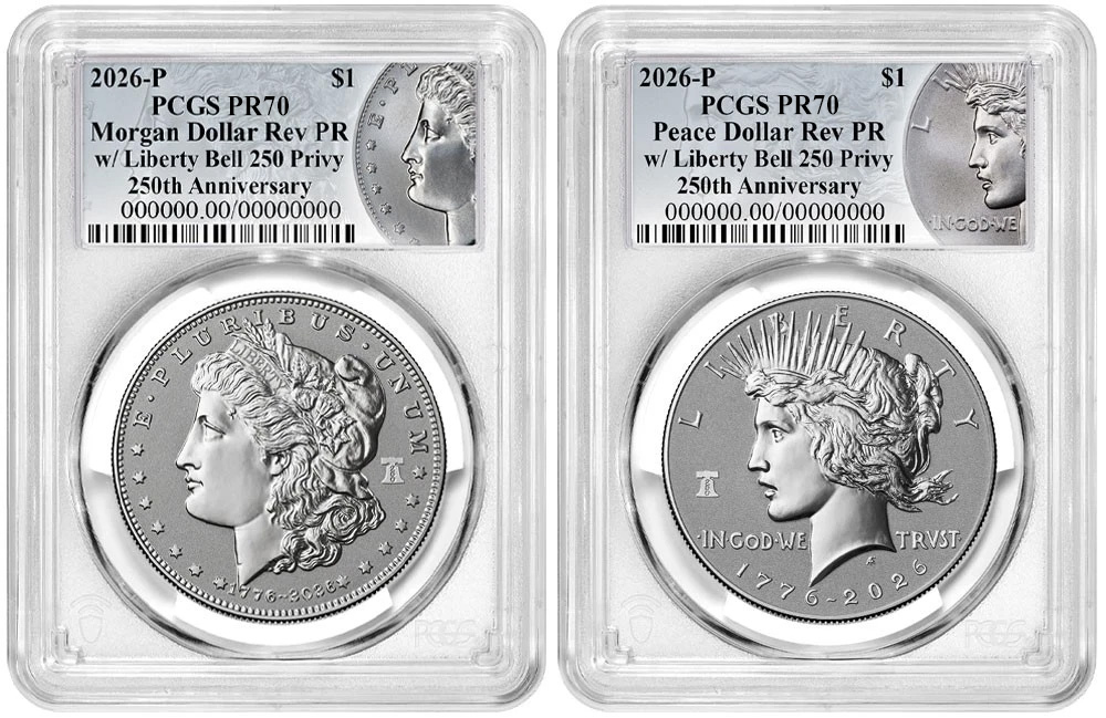 2026-P Morgan and Peace Silver Dollar Reverse Proof Liberty Bell 250th Anniversary PCGS PR-70 2-Coin Set Obverse in Holder 2026-P Morgan and Peace Silver Dollar Reverse Proof Liberty Bell 250th Anniversary PCGS PR-70 2-Coin Set Obverse in Holder