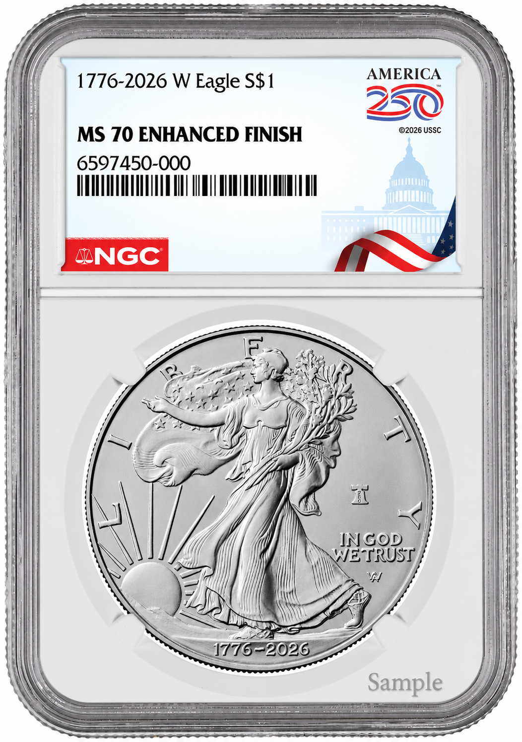 1776-2026-W American Silver Eagle Enhanced Finish NGC MS-70 Obverse in Holder