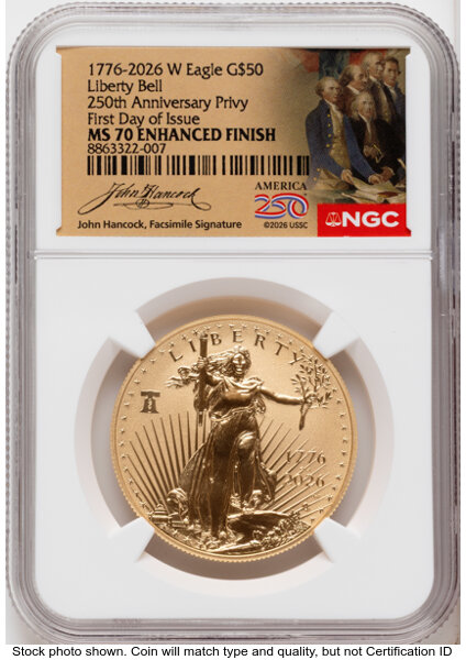 1776-2026-W 1-oz Gold American Eagle Liberty Bell Privy Enhanced Finish First Day of Issue NGC MS-70 Obverse in Holder 1776-2026-W 1-oz Gold American Eagle Liberty Bell Privy Enhanced Finish First Day of Issue NGC MS-70 Obverse in Holder