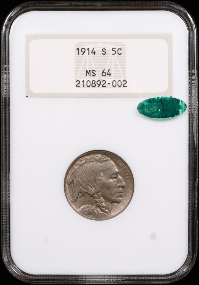 1914-S Buffalo Nickel NGC MS-64 CAC Obverse in Holder
1914-S Buffalo Nickel NGC MS-64 CAC Obverse in Holder