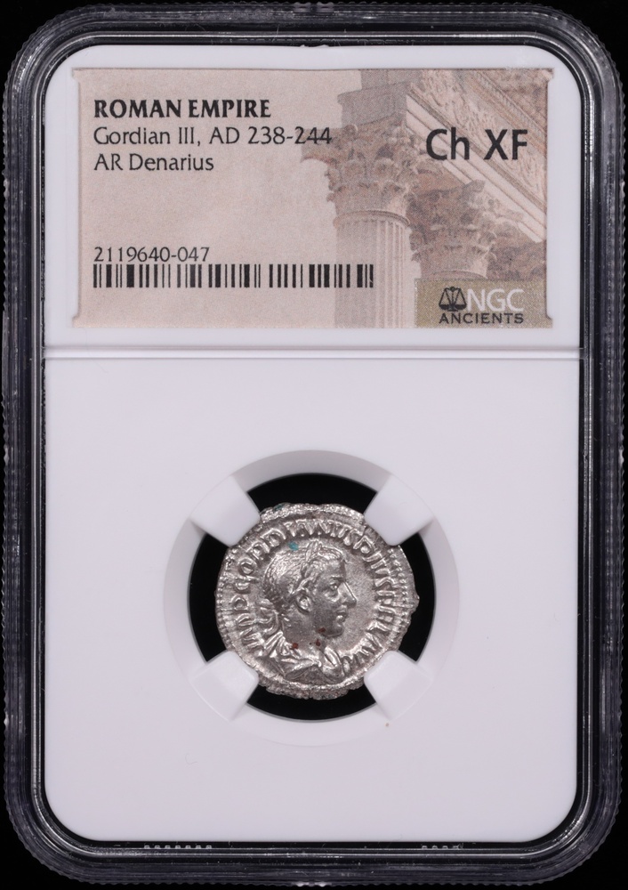 238-244 AD Roman Empire Gordian III Silver Denarius NGC Choice Extremely Fine