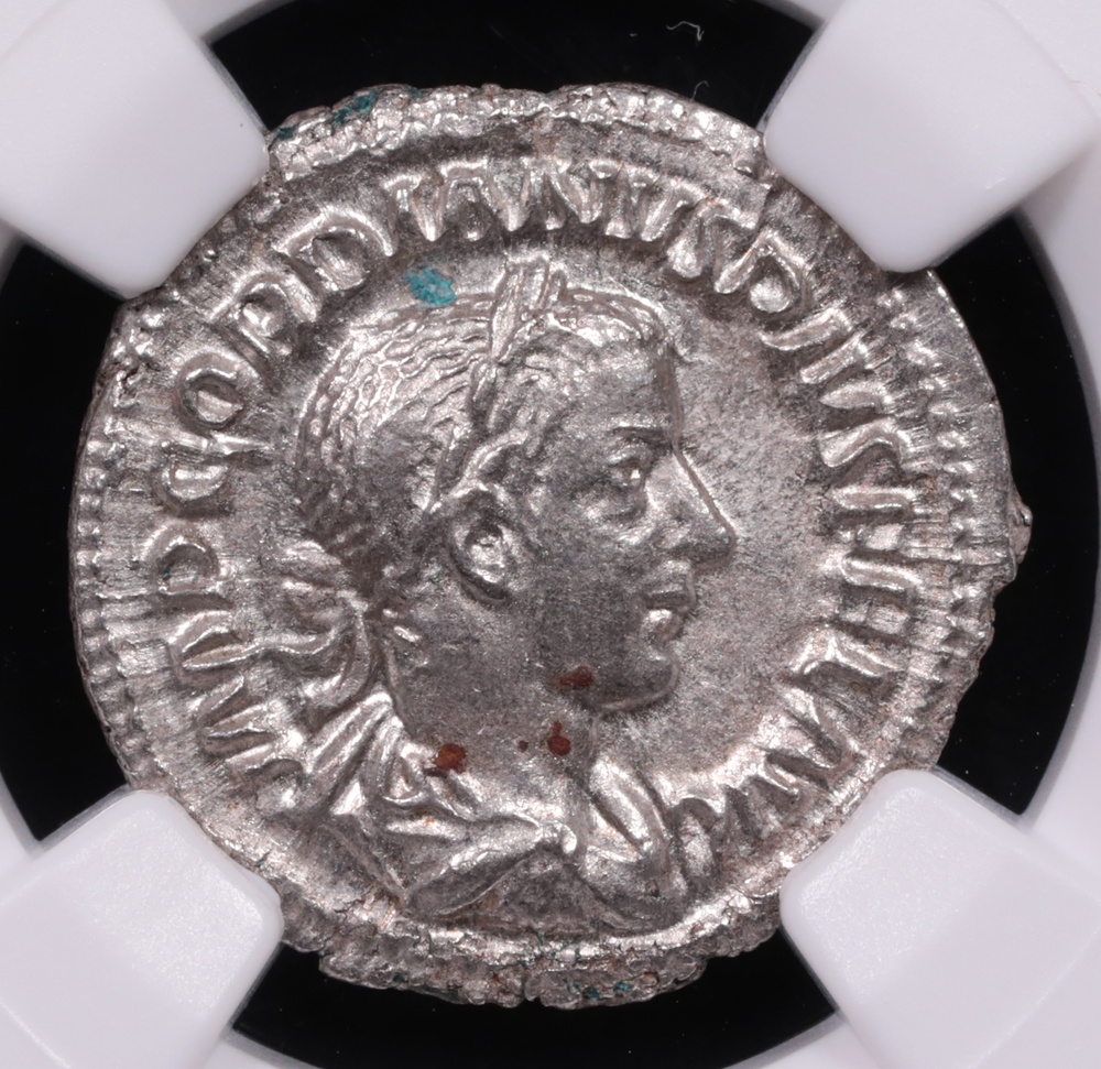 238-244 AD Roman Empire Gordian III Silver Denarius NGC Choice Extremely Fine Obverse 238-244 AD Roman Empire Gordian III Silver Denarius NGC Choice Extremely Fine Obverse