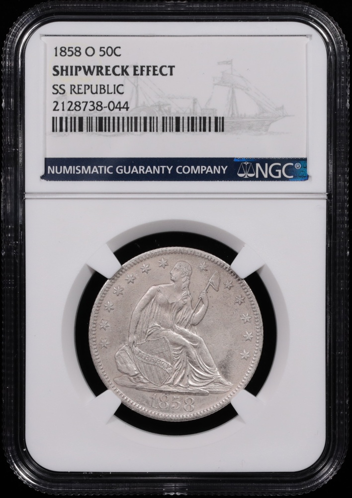 1858-O Seated Liberty Half Dollar NGC Shipwreck Effect SS Republic Obverse in Holder 1858-O Seated Liberty Half Dollar NGC Shipwreck Effect SS Republic Obverse in Holder