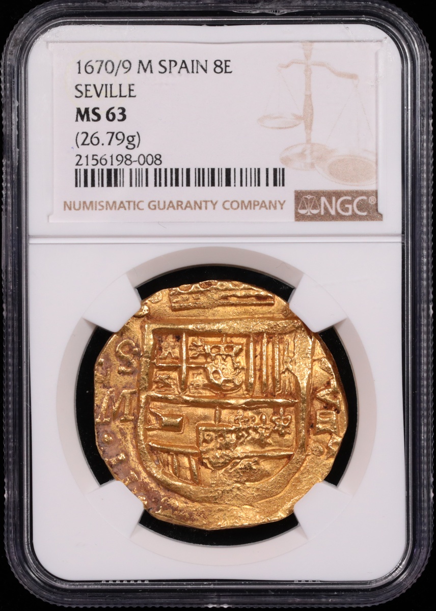 1670/9 Seville, Spain 8 Escudo NGC MS-63 Obverse in Holder 1670/9 Seville, Spain 8 Escudo NGC MS-63 Obverse in Holder