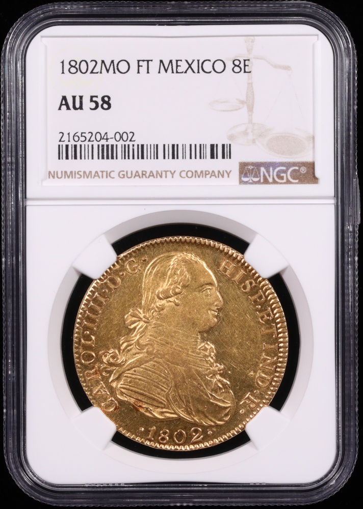 1802 Mexico 8 Escudo NGC AU-58 Obverse in Holder 1802 Mexico 8 Escudo NGC AU-58 Obverse in Holder