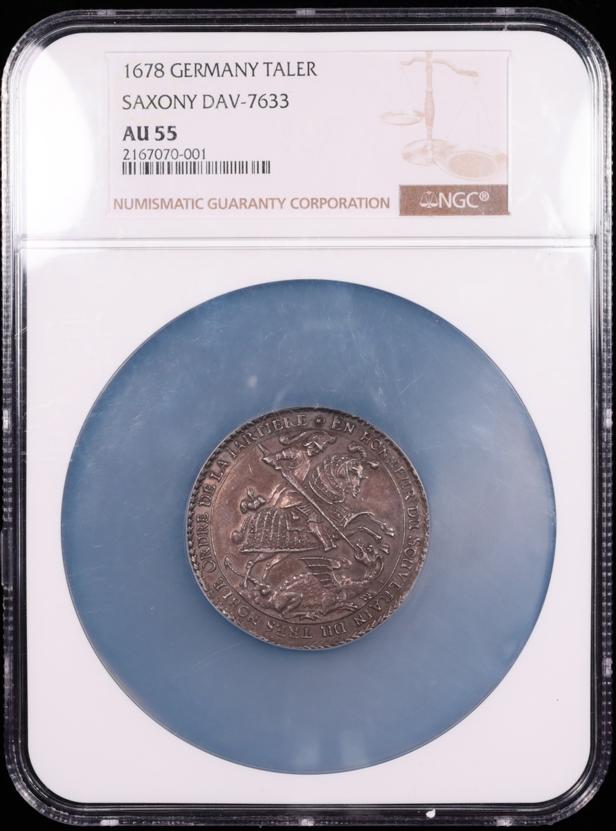 1678 Saxony, Germany 1 Taler Order of the Garter NGC AU-55 Obverse in Holder 1678 Saxony, Germany 1 Taler Order of the Garter NGC AU-55 Obverse in Holder