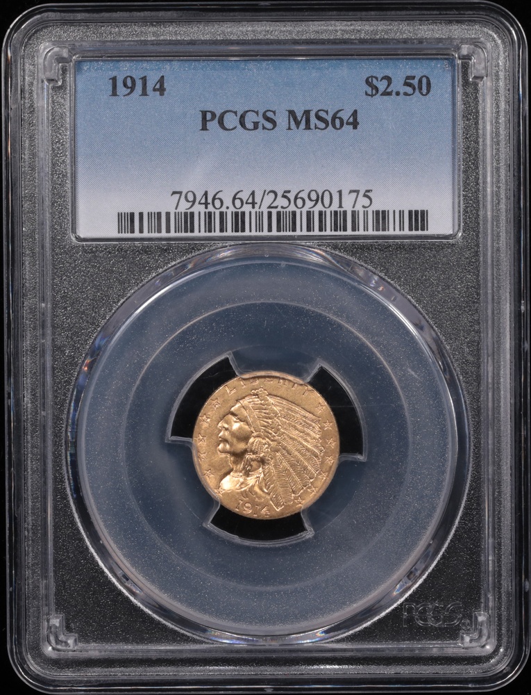1914 $2.50 Indian Head Gold PCGS MS-64 Obverse in Holder - Label View 1914 $2.50 Indian Head Gold PCGS MS-64 Obverse in Holder - Label View