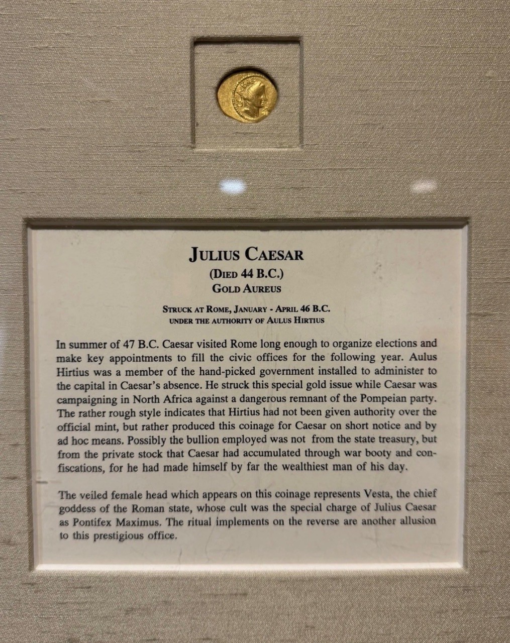 46 BC Julius Caesar Rome Gold Aureus Aulus Hirtius Very Fine Reverse Frame 46 BC Julius Caesar Rome Gold Aureus Aulus Hirtius Very Fine Reverse Frame