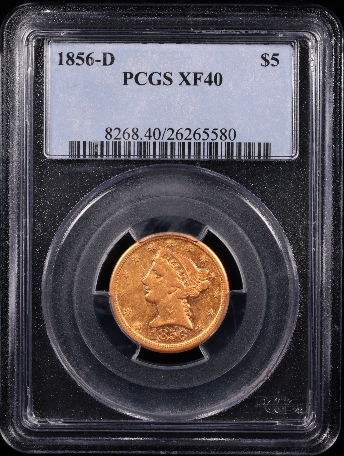 1856-D $5 Liberty Gold PCGS XF-40 Obverse in Holder 1856-D $5 Liberty Gold PCGS XF-40 Obverse in Holder