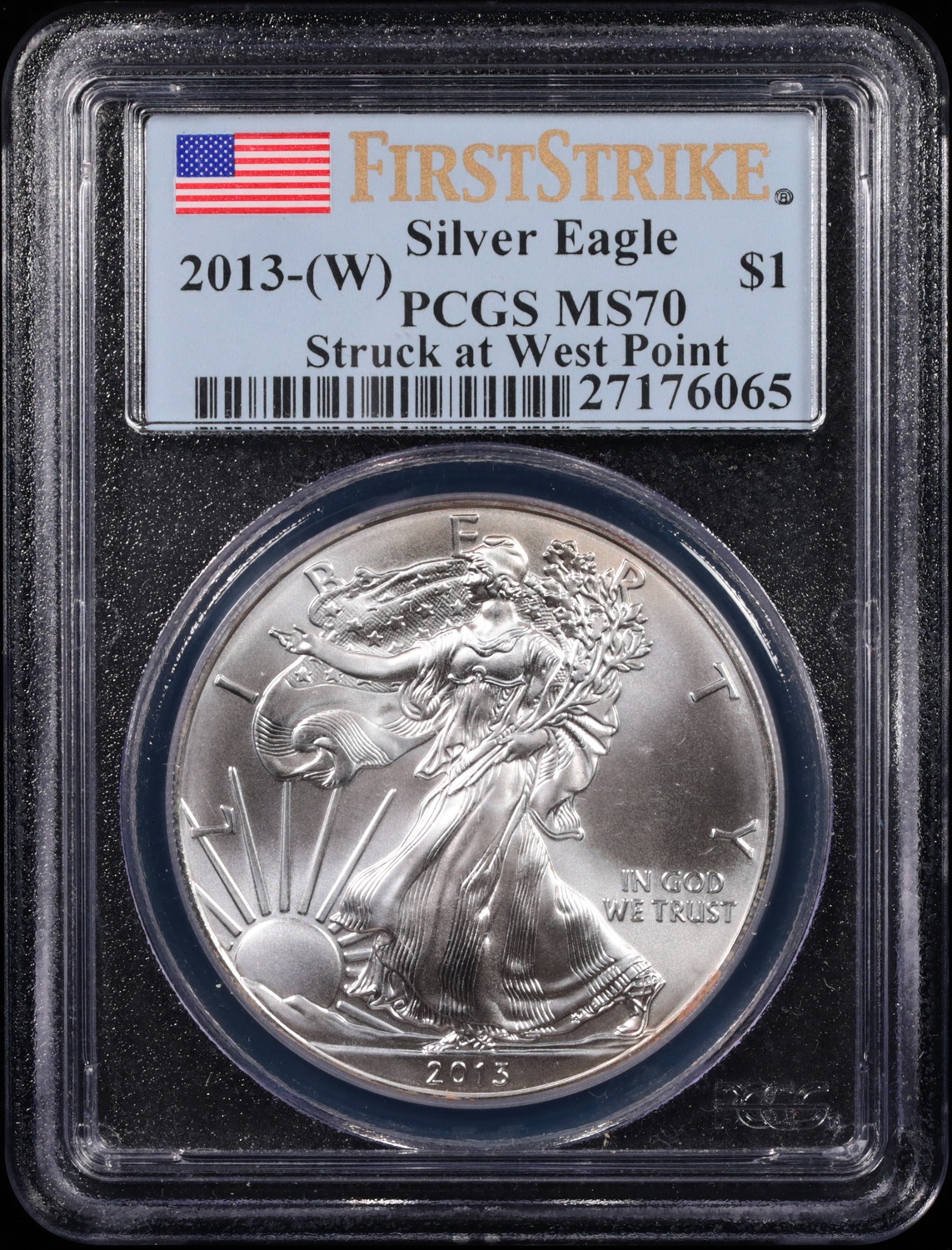 2013-(W) 1-oz Silver American Eagle Struck at West Point First Strike PCGS MS-70 Obverse in Holder 2013-(W) 1-oz Silver American Eagle Struck at West Point First Strike PCGS MS-70 Obverse in Holder