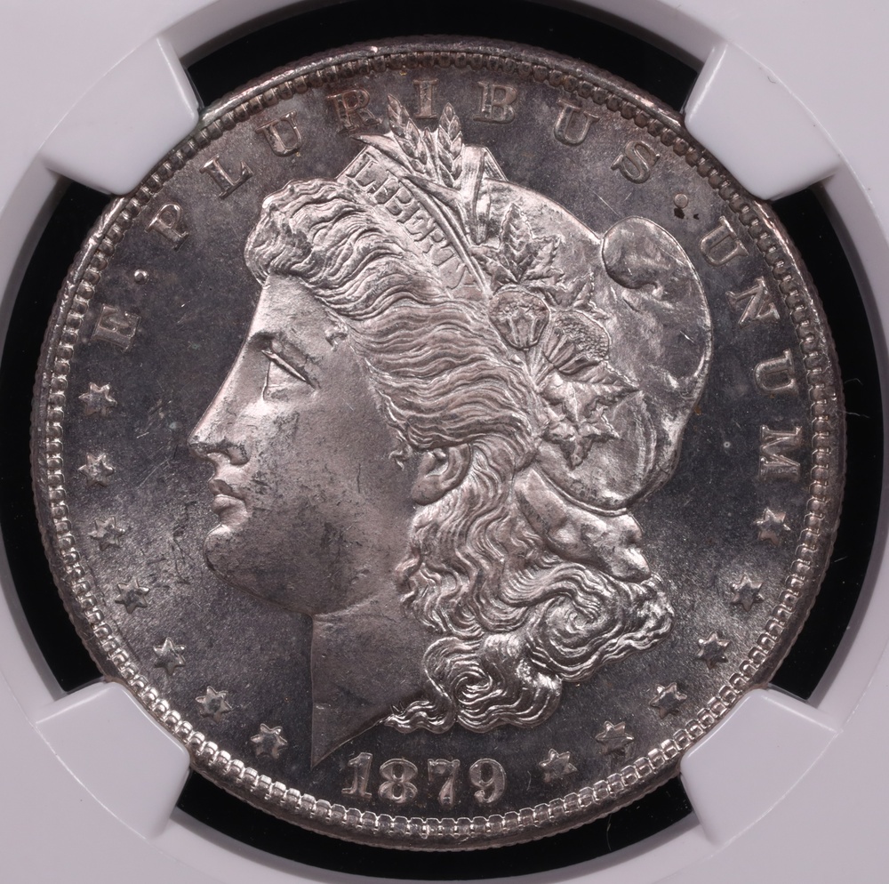 1879-S Morgan Silver Dollar Reverse Struck Through Mint Error NGC MS-64+
