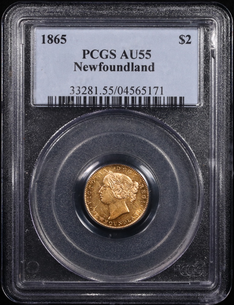1865 Newfoundland $2 Gold PCGS AU-55 Obverse in Holder