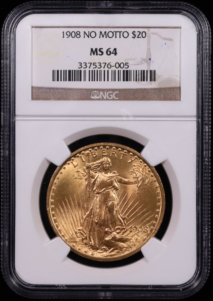 1908 $20 Saint-Gaudens Gold NGC MS-64 Obverse in Holder