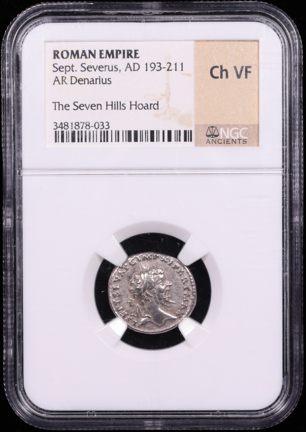 193-211 AD Roman Empire Septimius Severus Silver Denarius Seven Hills Hoard NGC Choice Very Fine