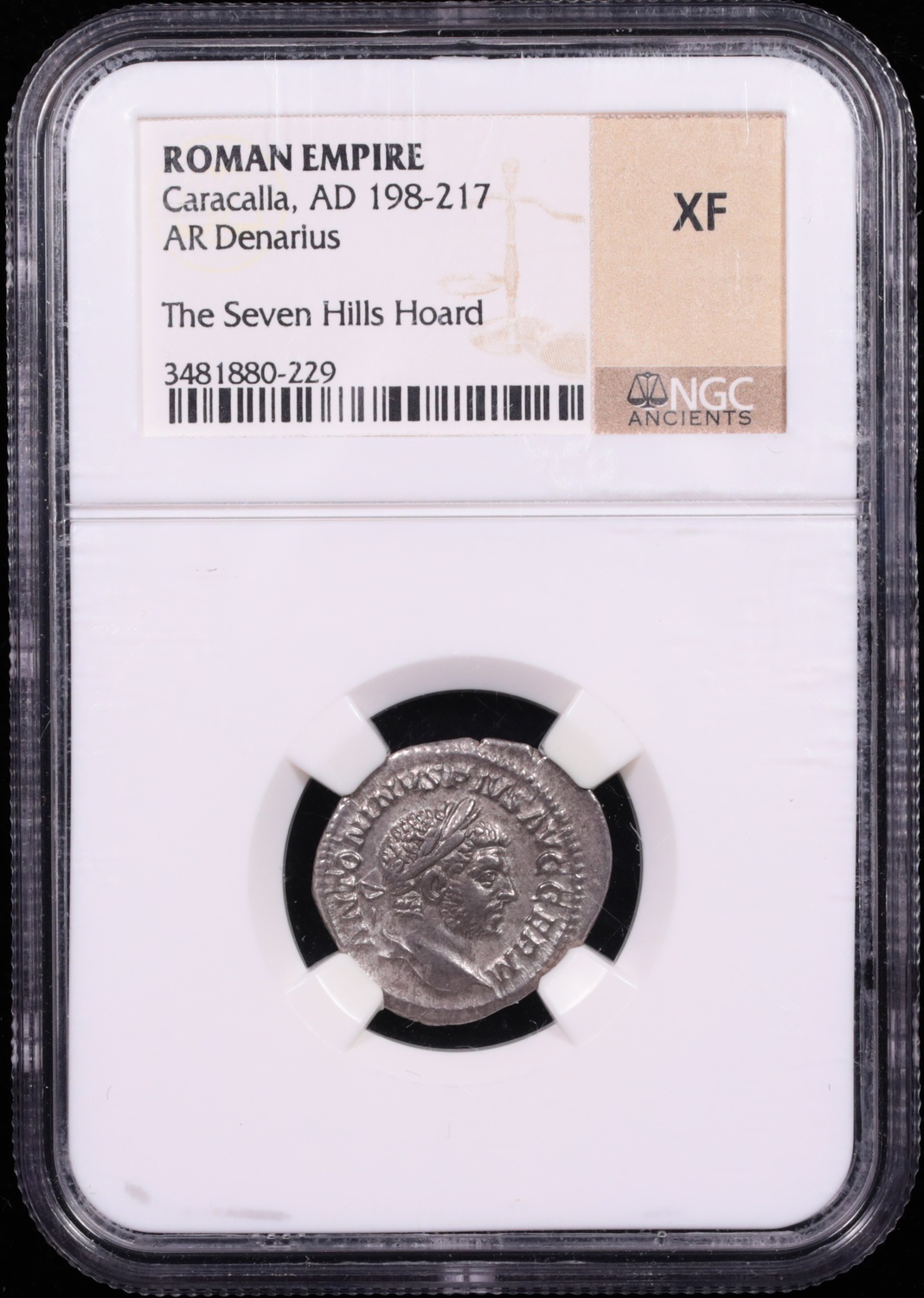 198-217 AD Roman Empire Caracalla Silver Denarius Seven Hills Hoard NGC Extremely Fine