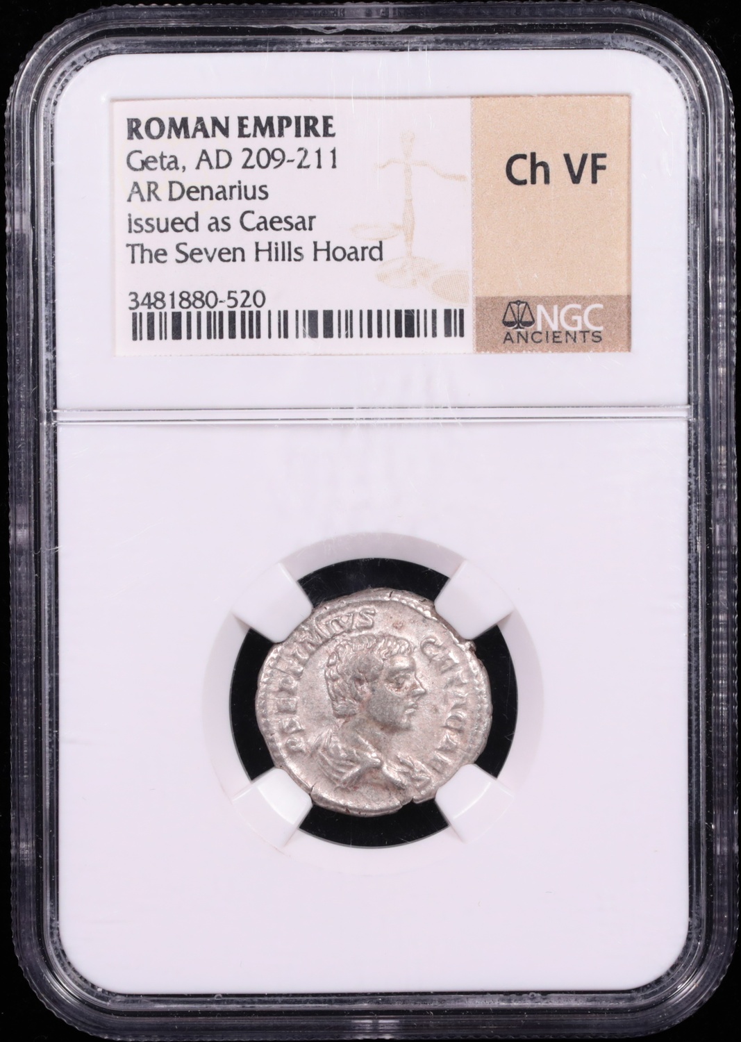 209-211 AD Roman Empire Geta Silver Denarius Seven Hills Hoard NGC Choice Very Fine